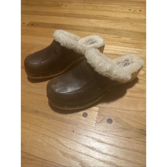 UGG Leather Clogs Mule Shearling Wooden Fur Slip-on Shoes Brown Size 9 - Picture 3 of 12
